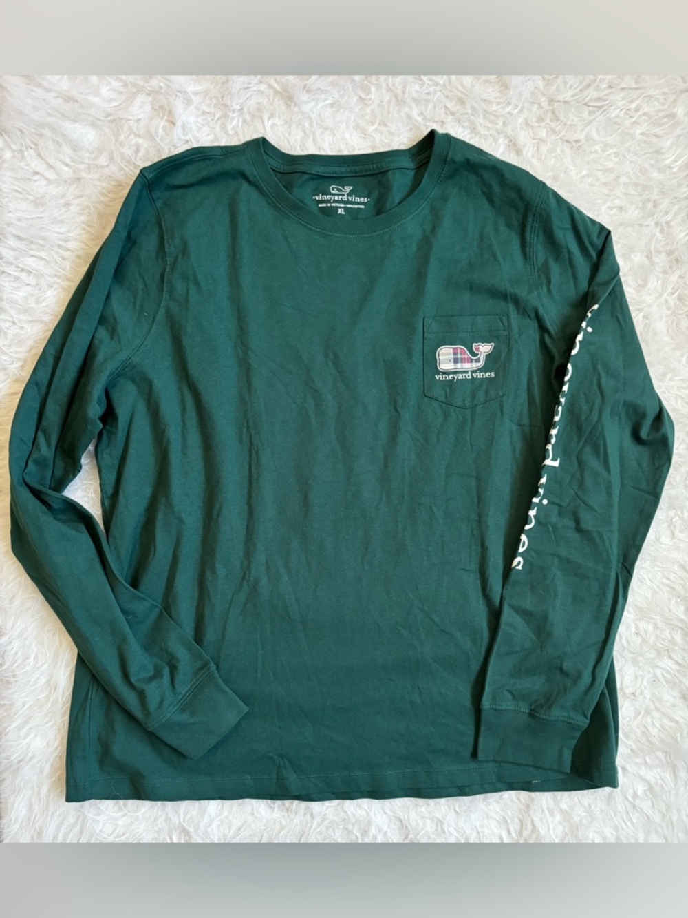Vineyard Vines Unisex Deep Green & Festive Plaid Long Sleeve Pocket Tee